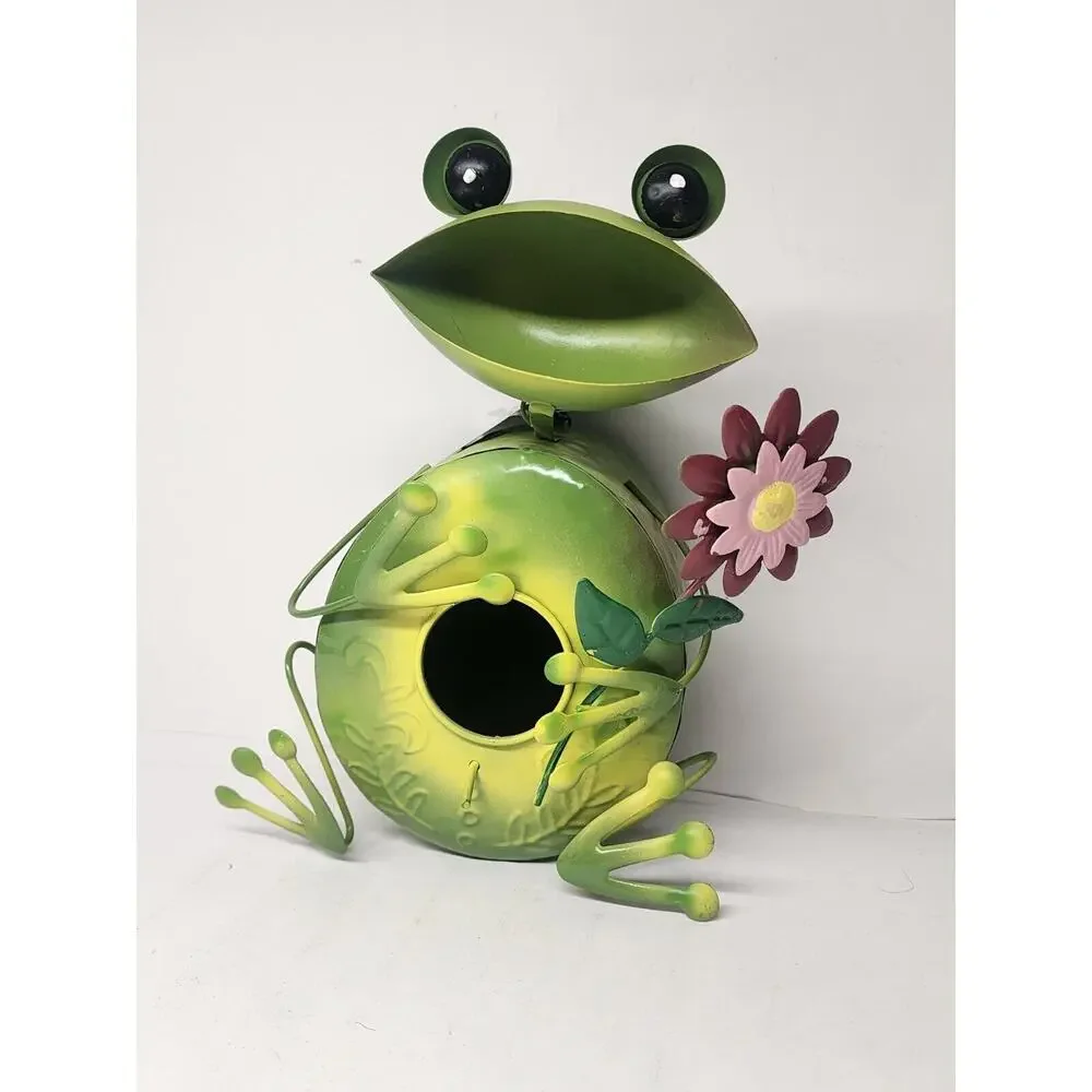 Hand Painted Rustic Metal Bird Houses Frog With Flower